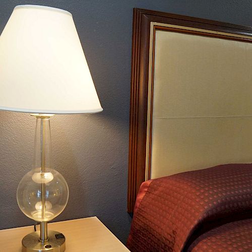 The image shows a bedside table with a lamp lit, next to a bed with a brownish-red cover and a cushioned headboard in a room with dark walls.